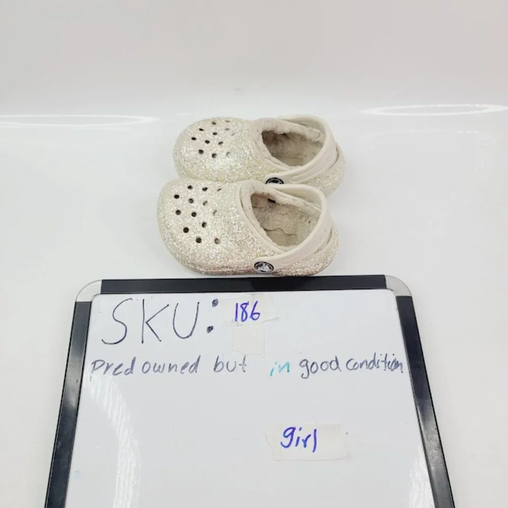Crocs Girl's‎ White Stucco Classic Glitter Lined Slip-On Casual Clog Size 6